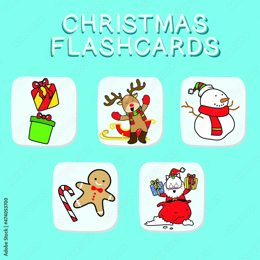 Christmas Flashcards for Children. Cute flashcards for children. Adorable Christmas collection flashcards. Printable colorful collection. Vector illustration. 