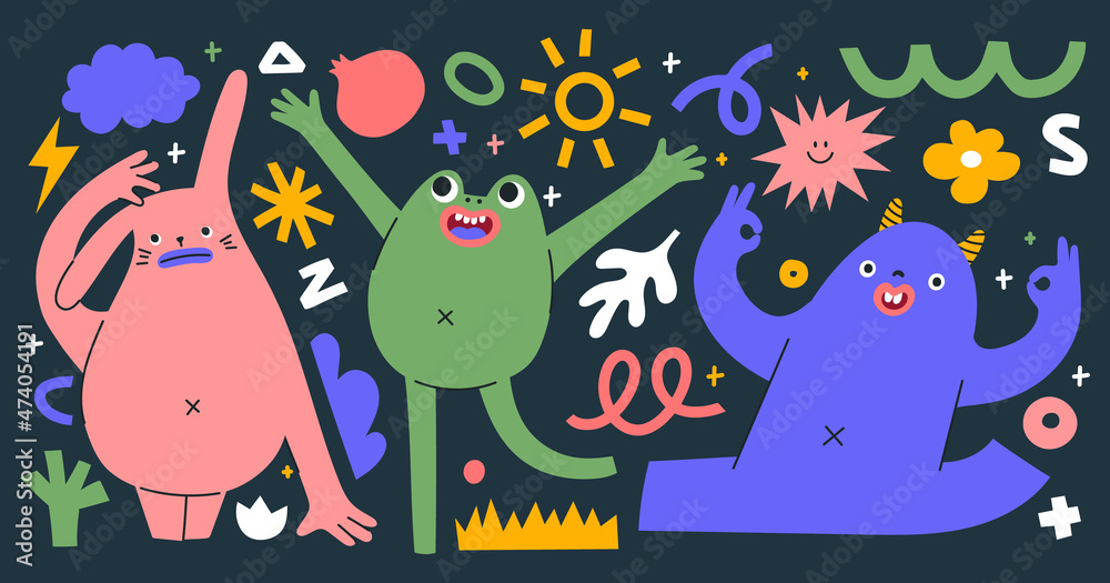 Fototapeta premium Set of abstract monsters showing different emotions. Hand drawn trendy creatures in different poses. Isolated shapes, doodle elements and lines. Cute stickers with mythical animals.