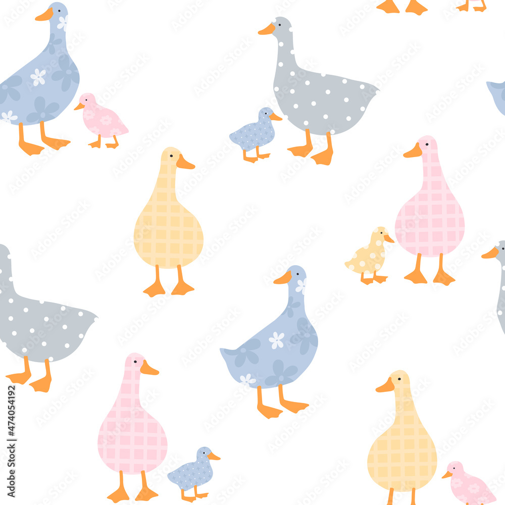 Colorful seamless pattern with goose and gosling. Cute geese with abstract trendy patterns. Vector illustration with funny domestic birds. Trendy isolated print for kids.