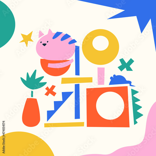 Cute abstract cats, animal food, toys, accessories, cat house. Hand drawn isolated elements for pet shop, pet care concept banner. Playground for cats, cat tower, scratching post for kitten