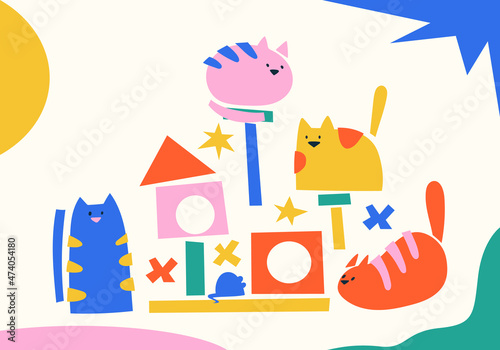 Cute abstract cats, animal food, toys, accessories, cat house. Hand drawn isolated elements for pet shop, pet care concept banner. Playground for cats, cat tower, scratching post for kitten