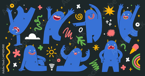 Cute colorful creatures in different poses and showing emotions. Trendy illustration with abstract shapes, doodle objects and lines. Set of stickers with monsters. Isolated hand-drawn elements.