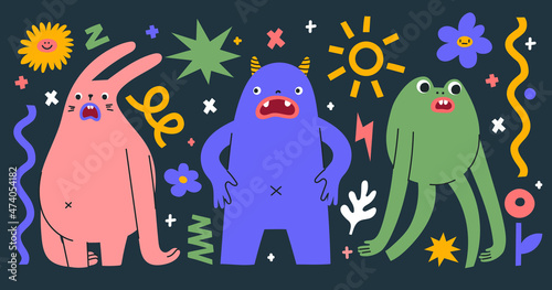 Set of abstract monsters showing different emotions. Hand drawn trendy creatures in different poses. Isolated shapes, doodle elements and lines. Cute stickers with mythical animals.