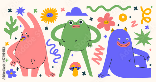 Set of abstract monsters showing different emotions. Hand drawn trendy creatures in different poses. Isolated shapes, doodle elements and lines. Cute stickers with mythical animals.