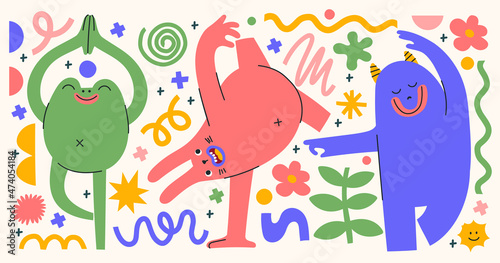 Set of abstract monsters showing different emotions. Hand drawn trendy creatures in different poses. Isolated shapes, doodle elements and lines. Cute stickers with mythical animals.