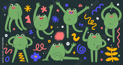 Cute colourful creatures in different poses and showing emotions. Trendy illustration with abstract shapes, doodle objects and lines. Set of stickers with monsters. Isolated hand-drawn elements.Cute c