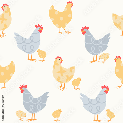 Colorful seamless pattern with hen, chicken, cock, rooster, and chick. Cute poultry with abstract trendy patterns. Vector illustration with funny domestic birds. Trendy isolated print for kids.
