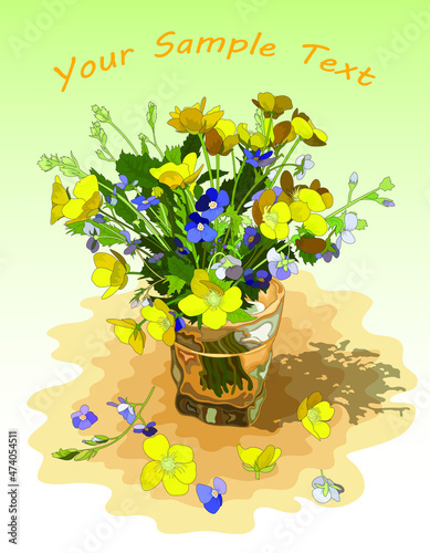 Greeting card with a bouquet of buttercups and forget-me-nots on a light green background photo