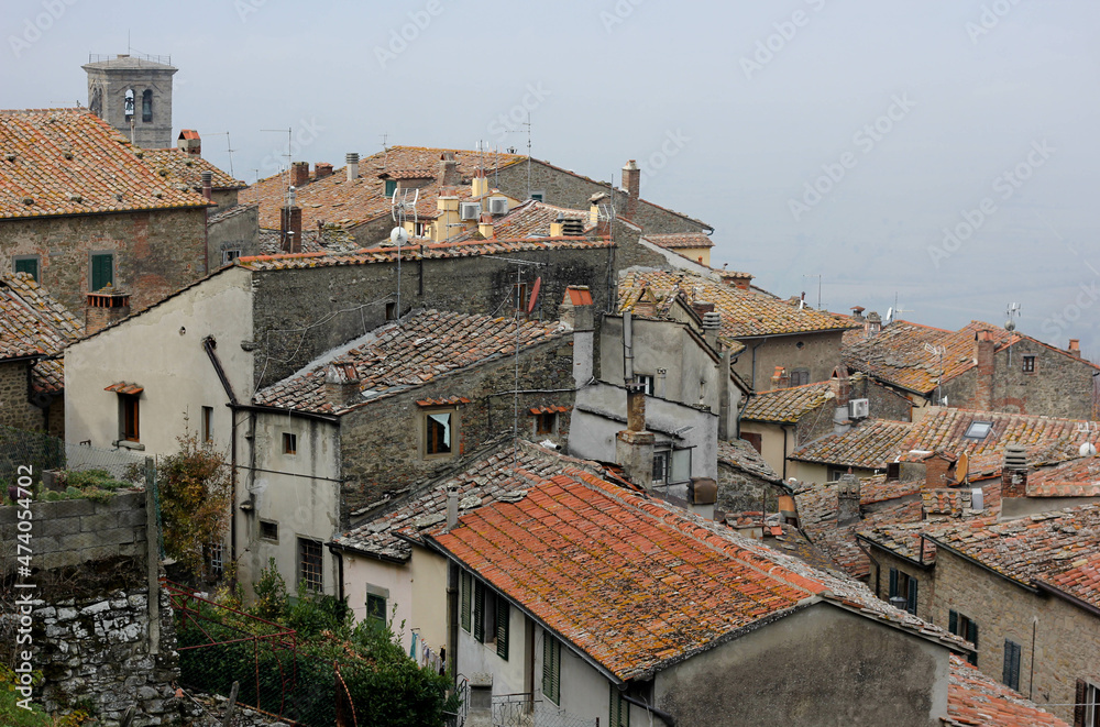 Antique roofs of the ancient medieval town of Cortona in Tuscany 