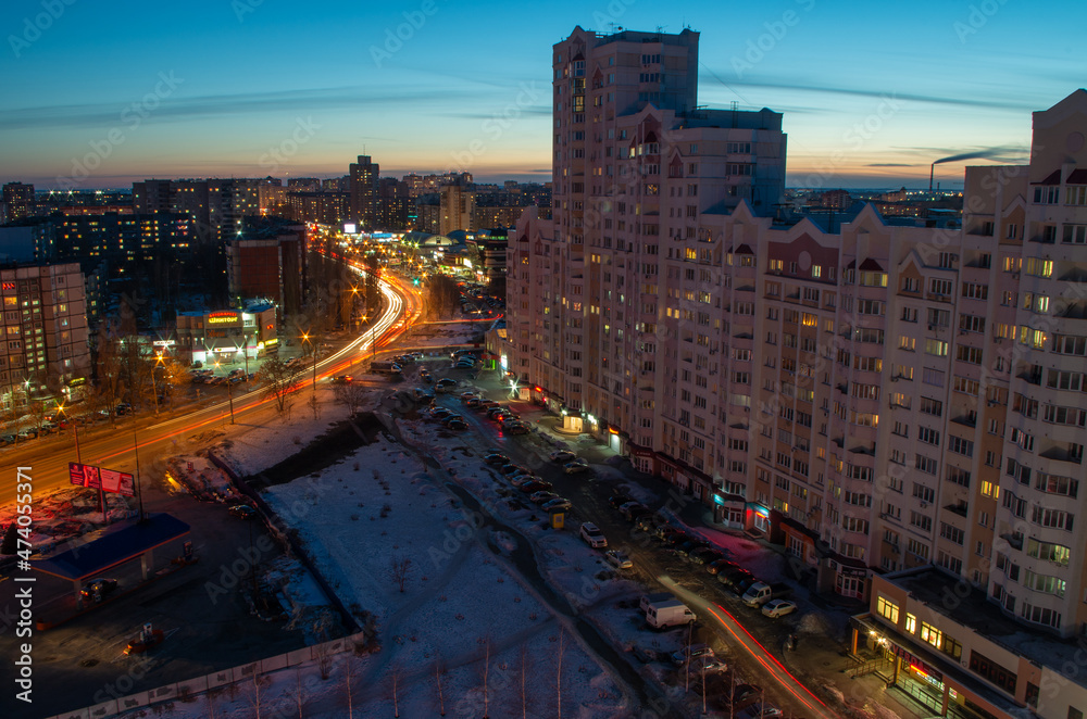 Fototapeta premium a city at sunset illuminated from a height