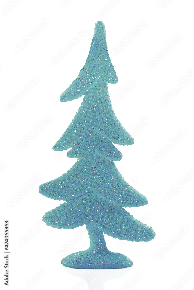Blue shiny Christmas tree with shimmer on white isolated background. New Year. Design element Blue shiny Christmas tree with shimmer on white isolated background. New Year. Design element