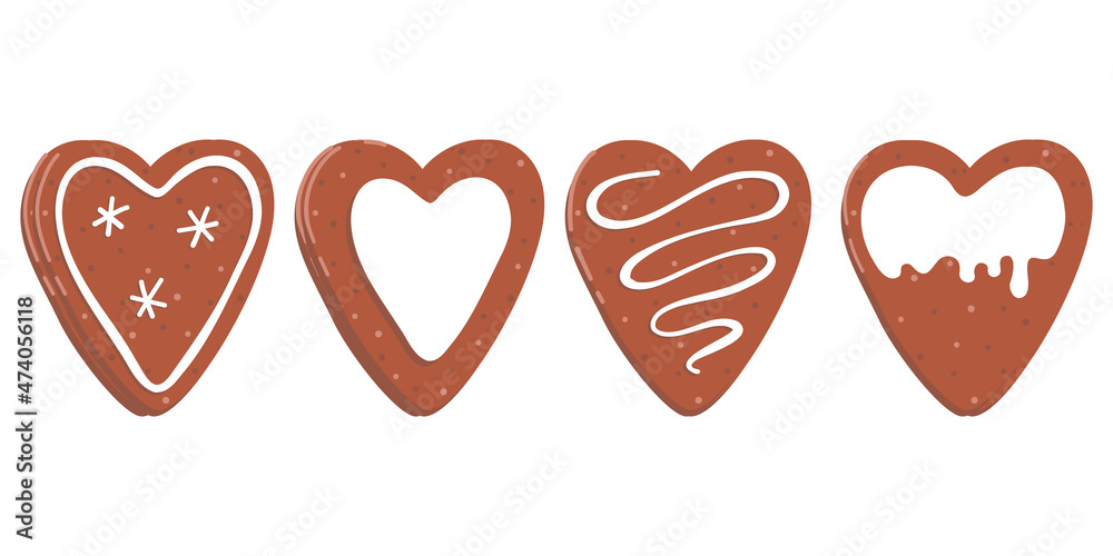 Set of vector illustrations of gingerbread cookies with icing. Heart shape. Sweets for lovers. Isolated on white background