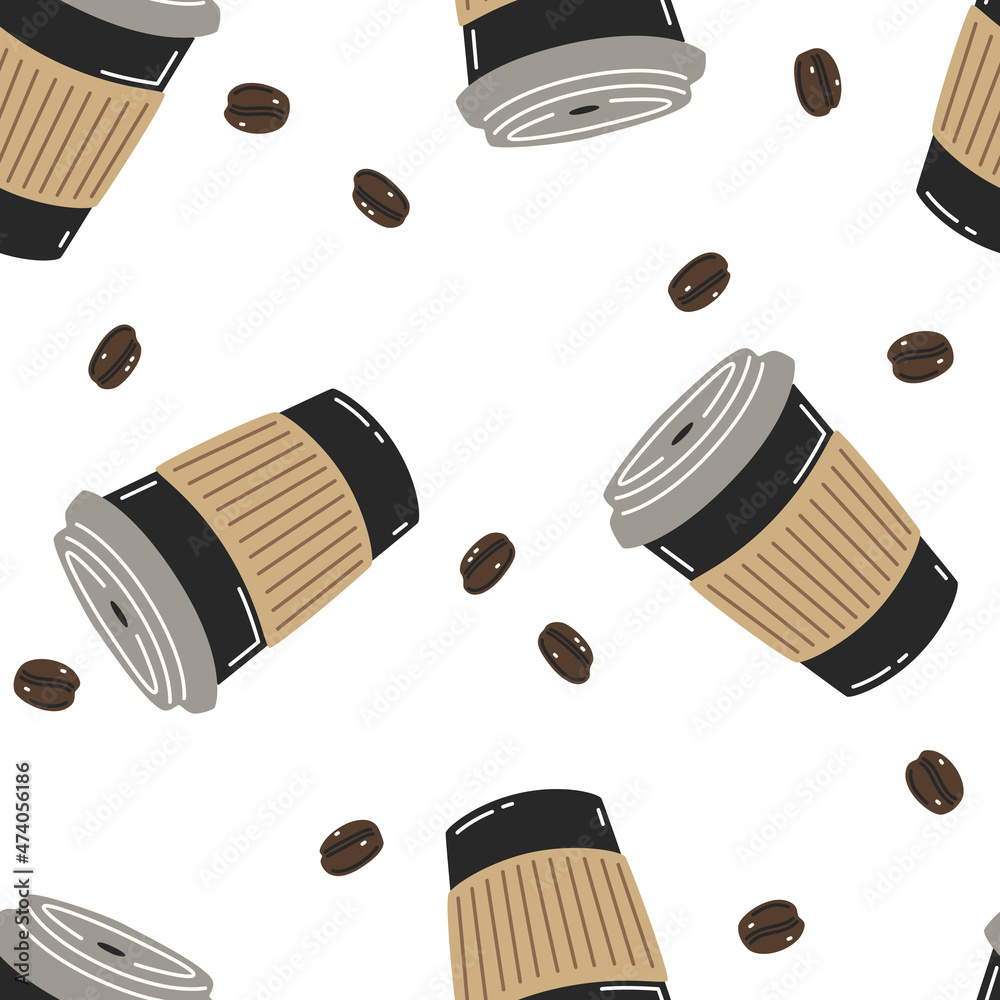 Vector seamless pattern with black paper cups of coffee and coffee beans