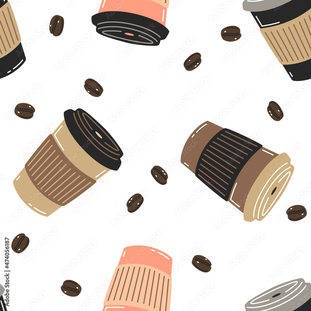 Vector seamless pattern with colorful paper cups of coffee and coffee beans