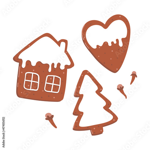 Set of vector illustrations of gingerbread cookies with icing. House tree and heart shape. Isolated on white background