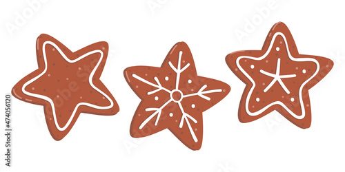 Set of vector illustrations of gingerbread cookies with icing. Stars shape. Snowflake drawing. Isolated on white background