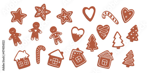 Set of vector illustrations of gingerbread cookies with icing. Man star tree candy cane heart house shape. Isolated on white background