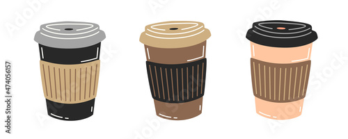 Three paper cups of coffee. Vector flat illustration