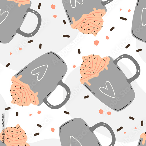 Hot winter drink with pink whipped cream in a grey mugs. Vector seamless pattern