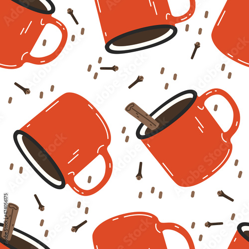 Warming drinks with cinnamon stick in a red enamel mugs. Vector seamless pattern