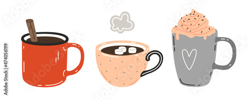 Three cups of warming drinks. Set of vector flat illustrations