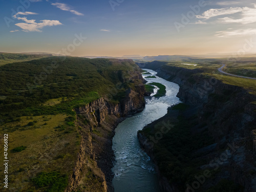 Beautiful aerial view of Iceland Gullfoss waterfall with a rainbow in the Golden Circule