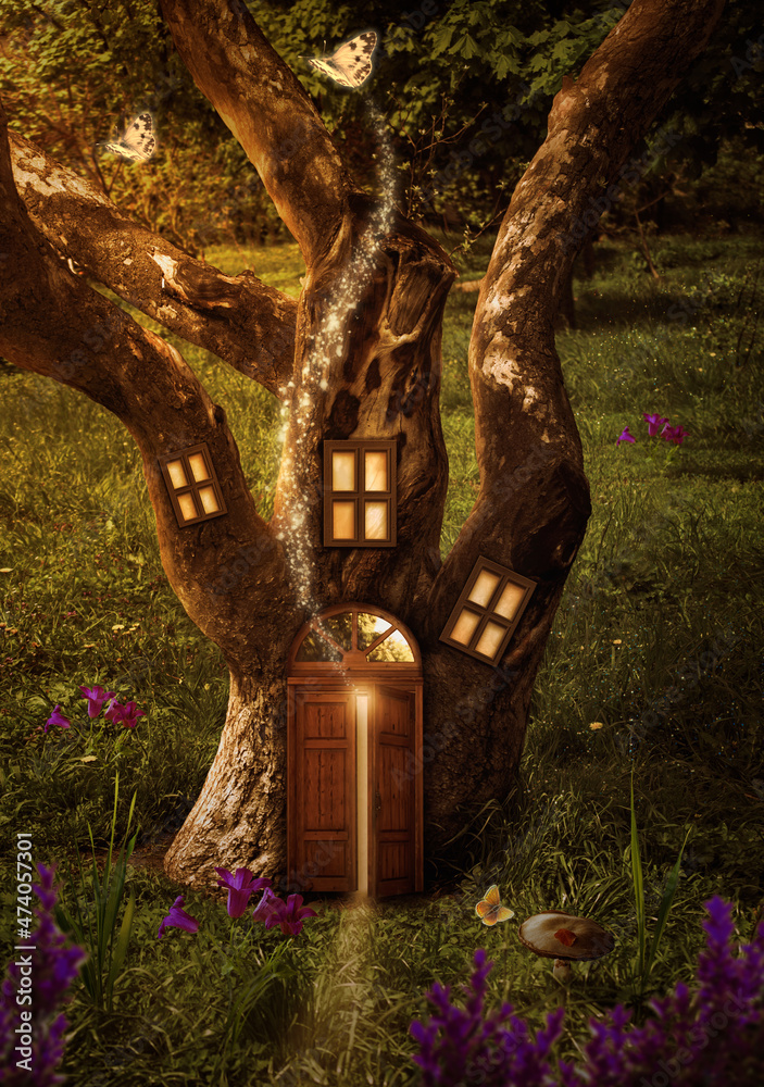 Fantasy house in old tree in enchanted fairy tale forest, magical elf or gnome home with shining windows and open door in magic fairytale world, flying butterflies leaving path with luminous sparkles.