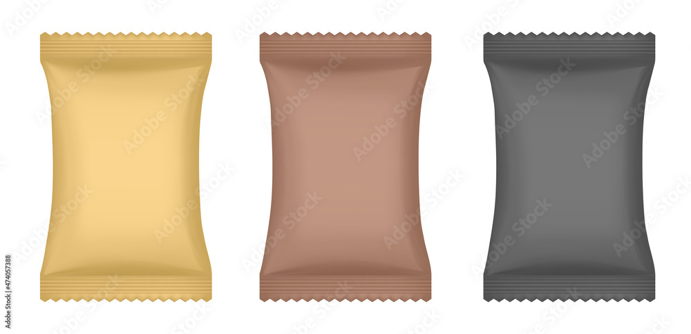 Realistic 3d mockup of a flow pack or sachet. Black, brown and gold pouches. Lollypop, candy, chocolate bar or ice cream wrapper. Silver foil bag. Soap or wet wipes