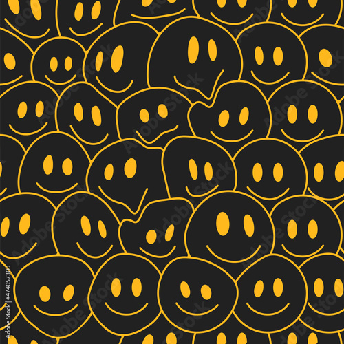 Funny smile crazy cute face seamless pattern.Vector cartoon illustration psychedelic graphic design.Positive,good vibes smile faces,acid, high,trip,techno style wallpaper seamless pattern concept;