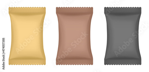 Realistic 3d mockup of a flow pack or sachet. Black, brown and gold pouches. Lollypop, candy, chocolate bar or ice cream wrapper. Silver foil bag. Soap or wet wipes
