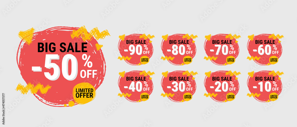 Final sale red tag. concept of price list for discounts, of advertising campaign, advertising marketing sales, 10, 20, 30, 40, 50, 60, 70, 80, 90 off discount, unique offer. Vector illustration.