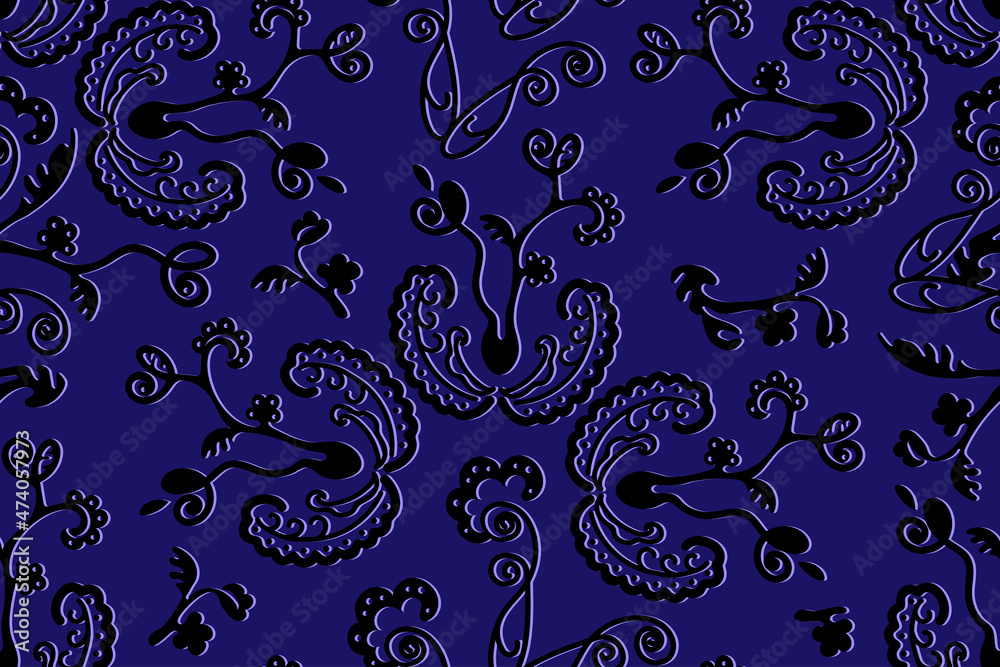 Fototapeta premium Seamless vector floral pattern in pastel golden winter colors, volumetric hand drawing white curls with blue shadow on light background