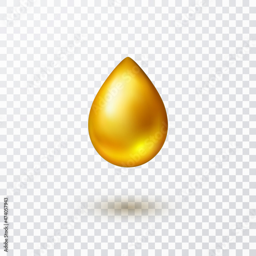 Oil gold drop isolated on transparent background. Cosmetic serum bubble of vitamin E. Vector golden liquid gel, syrup, honey or olive droplet icon