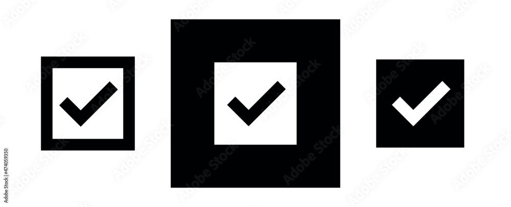 Set of check mark icons in a square. Tick marks: Accepted, Approved, Yes, Correct, Ok, Right Choices, Task Completion, Voting. Test question symbol. Isolated vector illustration on white background. Set of check mark icons in a square. Tick marks: Accepted, Approved, Yes, Correct, Ok, Right Choices, Task Completion, Voting. Test question symbol. Isolated vector illustration on white background.