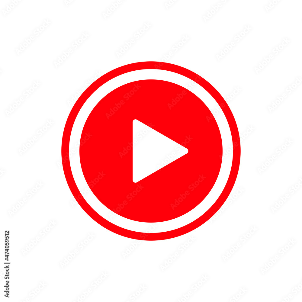 Play button red icon. Video and music play icon. A triangle within a circle is a media player symbol. Video and audio multimedia reproduction. Isolated raster illustration on white background. Play button red icon. Video and music play icon. A triangle within a circle is a media player symbol. Video and audio multimedia reproduction. Isolated raster illustration on white background.