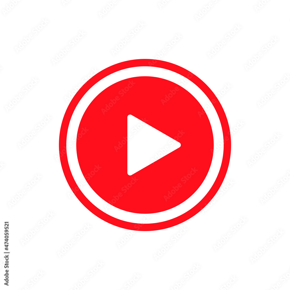 Play button red icon. Video and music play icon. A triangle within a circle is a media player symbol. Video and audio multimedia reproduction. Isolated vector illustration on white background. Play button red icon. Video and music play icon. A triangle within a circle is a media player symbol. Video and audio multimedia reproduction. Isolated vector illustration on white background.