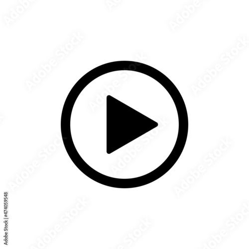 Play button icon. Video and music play icon. A triangle within a circle is a media player symbol. Video and audio multimedia reproduction. Isolated raster illustration on white background. photo