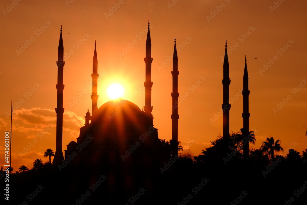 blue mosque at sunset adana taşköprü sabancı merkez cami 