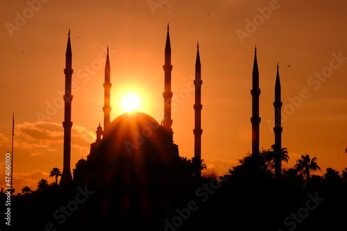 blue mosque at sunset adana taşköprü sabancı merkez cami 
