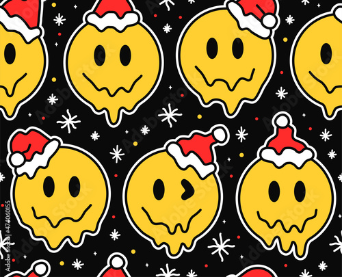 Funny smile crazy face in christmas hats seamless pattern.Vector cartoon illustration psychedelic graphic design. Christmas trippy smile face wallpaper seamless pattern concept