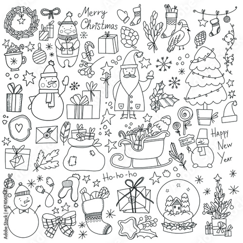 Vector clipart from the symbols of Christmas and New Year's holidays in the style of doodle: santa, a tree with toys, socks, boxes with gifts, spruce branches, garlands, various compositions 