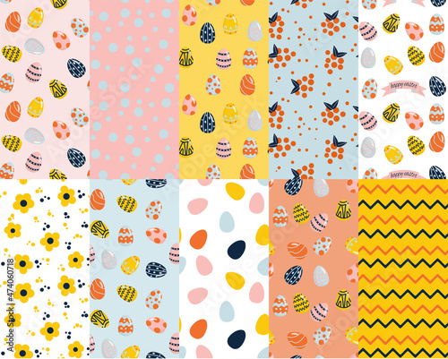 Vector seamless simple set pattern with decorative eggs. Easter holiday background for printing on fabric, scrapbooking paper, gift wrap and wallpaper.