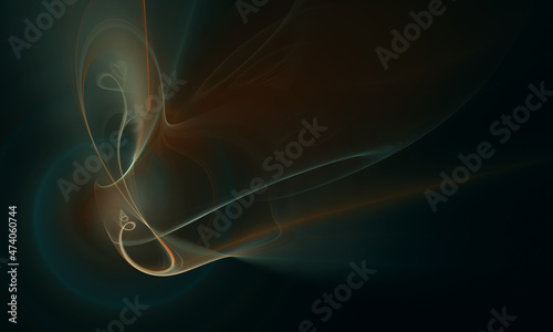Elegant digital dance of 3d swirl and twirls over glowing circle in deep dark space. Fantastic creative artwork in orange turquoise colors. Great as cover for electronic devices, print or backdrop.