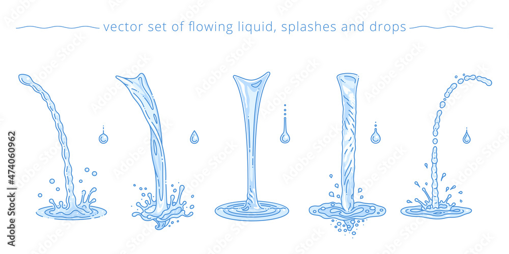 Vector set of pouring water flows, drops and splashes. Different