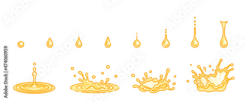 Vector set of  yellow drops and splashes. Golden liquid elements. Simple linear drawing