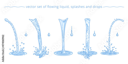 Vector set of pouring water flows, drops and splashes. Different streams and trickles. Purified drinking and tap water. Light blue liquid elements. Simple linear drawing
