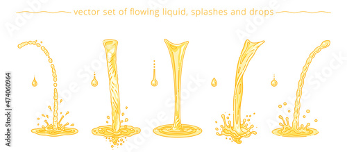 Vector set of yellow and orange trickles, drops, splashes. Pouring liquid elements for promo design of fruit juice, beer, soda, oil and honey. Linear drawing