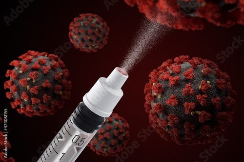 Nasal vaccine against COVID-19 (SARS-CoV-2). A lighter version of the coronavirus vaccine. Injection moment. 3D rendering