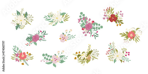 Set of pretty floral bouquets decorations. Modern flat hand drawn illustrations. Abstract flowers inspired by wild meadow. Vector compositions isolated on white background.