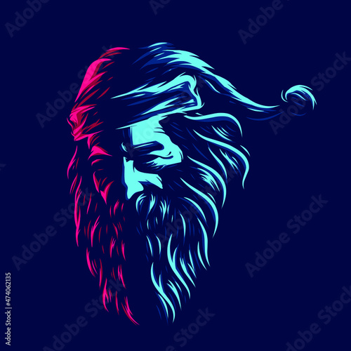 Cool funky santa claus logo  christmas on december line neon art portrait colorful design with dark background. 